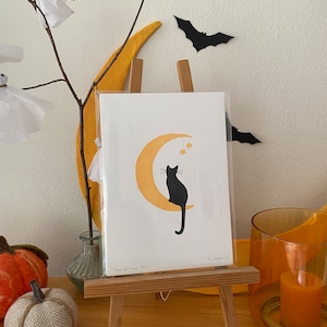 Mondkatze und Sterne - original Linoldruck