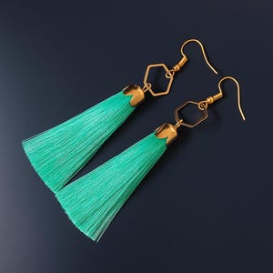 Dangle Tassel Earrings: Sterling Silver, Bohemian Hexagon Connector