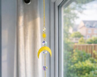 Gold Crescent Moon and Sun Crystal Suncatcher - Window Hanging Decor with Iridescent Beads