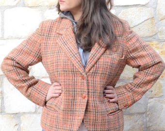 Tartan Wool Jacket, 80s Vintage Plaid Blazer, Made in Italy Red