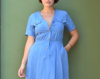 1990s light blue silk dress / pleated midi dress / silk summer dress