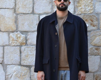 Les Copains - Vintage dark blue short wool coat / mens winter coat / Dark blue sports wool coat