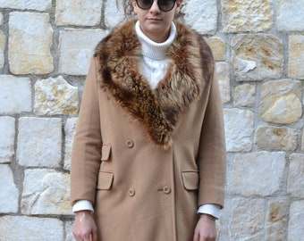 1990's fur collar womens cashmere coat / camel wool coat women