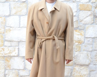 Vintage 1980s Pierre Cardin Camel Wool & Cashmere Coat Men – Oversized Belted Raglan Overcoat, Size IT 54 (XL/XXL)