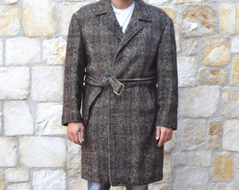 Wool Coat Vintage Men Brown Cheviot Tweed 70s Scottish Overcoat