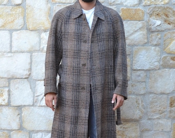 Męski płaszcz vintage Facis GFT Oversize z wełny – Lata 70./80., czysta nowa wełna, tweed Glencheck – długi płaszcz typu raglan z paskiem, wyprodukowany we Włoszech