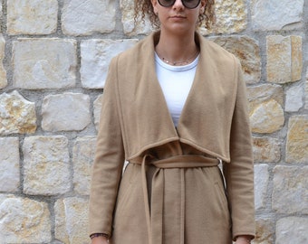 Intrend - Max Mara group - camel wool coat women / shawl collar belted coat / womens winter coat