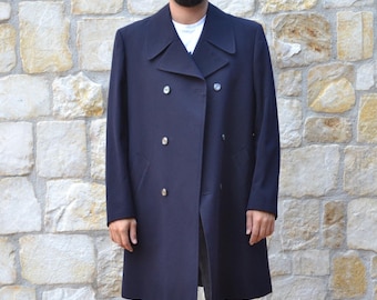 ヴィンテージ80年代ネイビーブルーウールコート：メンズレトロオーバー