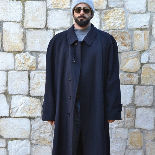 AQUASCUTUM coat - dark blue long wool coat men / vintage raglan winter coat men / blue mens overcoat size XXL