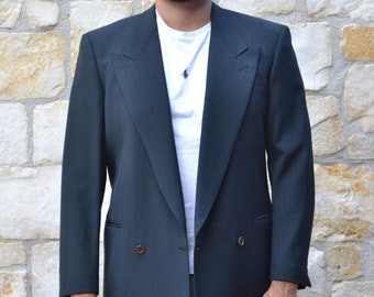 Corneliani 80s Vintage Grey Striped Double-Breasted Wool Men Blazer