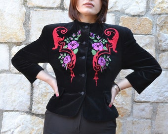 90s black velvet blazer, embroidered jacket, black velvet jacket women, collarless boho jacket