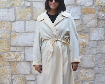 70s Beige Long Trench Coat Women, Vintage Wrap Coat, Mid Season Duster Coat
