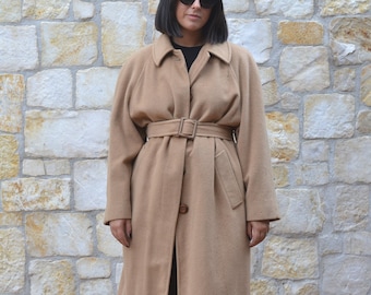 80s Camel Hair Coat, Vintage Camel Wool Coat Women, Belted Coat, Long Wool Coat, Womens Winter Coat, Raglan Coat, Vintage Clothing