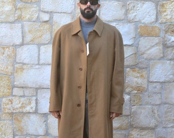 90s Camel Wool Coat Men, Vintage Mens Overcoat, Preppy Long Wool Coat, Beige Jacket, Vintage Clothing