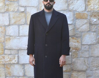 Corneliani - 80s Vintage Blue Wool Coat Men, Preppy Mens Overcoat, Vintage Clothing