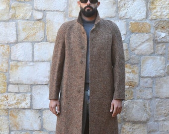 80s Beige Tweed Coat Men, Vintage Wool Coat Men, Black and  White Mens Overcoat, Mens Winter Coat, Belted Coat, Vintage Clothing