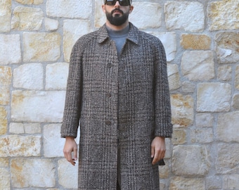 Wool Coat Vintage Men Brown Cheviot Tweed 70s Scottish Overcoat