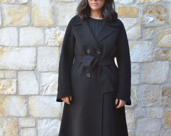 Chic Vintage Black Wool Coat with Belt, French Handmade Winter Women's Jacket