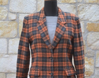 Max Mara Pennyblack Vintage Orange Plaid Wool Blazer, Tartan Jacket, Checkered Coat, Vintage Clothing