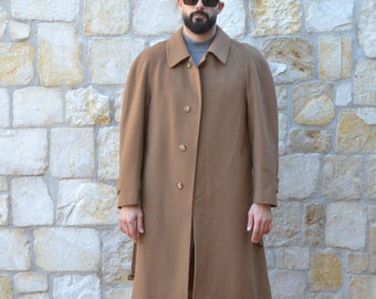 80s Caramel Brown Cashmere Coat Men, Vintage Wool Coat Men, Mens