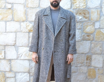 80s Vintage Tweed Coat Men, Vintage Herringbone Coat, Vintage Wool Coat Men, Oversized Mens Overcoat, Italian Outwear, Vintage Clothing