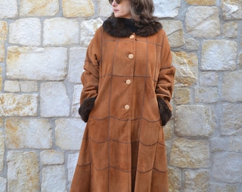 1970s Brown Shearling Coat Women, Long Leather Coat, Vintage Penny Lane Coat, Brown Suede Jacket, Fur Collar Coat, Womens Winter Coat