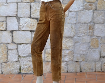 Vintage suede leather pants / vintage beige leather trousers