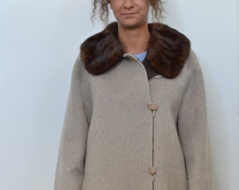 LUXURY ITALIAN COAT / 80s Fur collar mohair alpaca coat / Oversized wool coat / double-faced coat