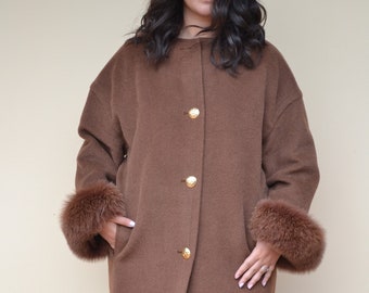 90's brown collarless alpaca coat with fur wrists