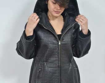quilted leather hooded parka, oversized leather parka, 1990s womens jacket