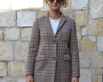 90s houndstooth coat / plaid short wool coat/ womens winter coat / vintage tartan long wool jacket