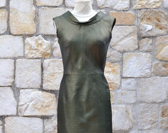 1950s green wiggle dress / metallic green 50s evening dress