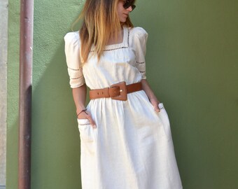 Vestido vintage alemán dirdnl / vestido midi de lino beige no perfecto