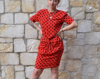 80s red polka dot dress / vintage silk dress