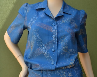70s clothing / 1970s two piece set / vintage light blue shirt and skirt set women