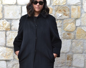 1980s black cashmere coat women / womens winter coat / vintage wool coat women / black minimal coat