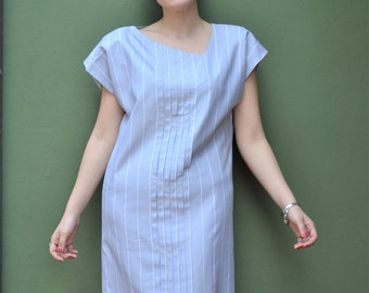 80s vintage gray striped linen summer dress