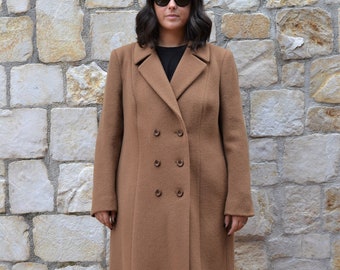 70s camel wool coat / womens winter coat / double breasted plus size coat