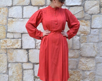 70s red midi dress, vintage wool dress, pleated dress, romantic house dress, belted dress, 70s dress