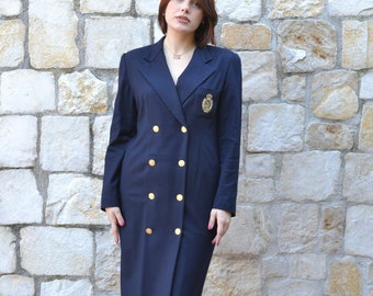 LUISA SPAGNOLI - Dark blue dress / double-breasted midi wool dress / vintage wiggle dress / 90s dress / vintage dress