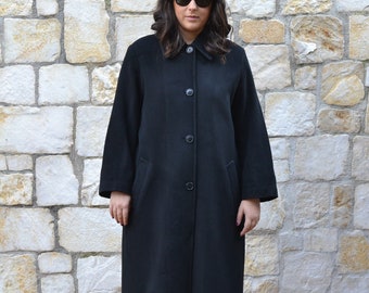 Elena Mirò plus size coat - Black cashmere coat women / plus size  long wool coat / plus size clothing / womens winter coat