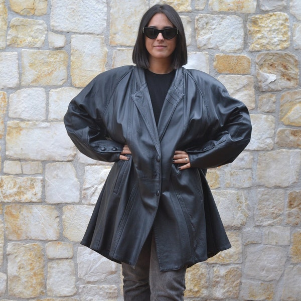 70s  Black Leather Coat Women / Oversized Trapeze Coat / Womens Winter Coat / Leather Maxi Coat / Leather Swing Coat / Vintage Clothing