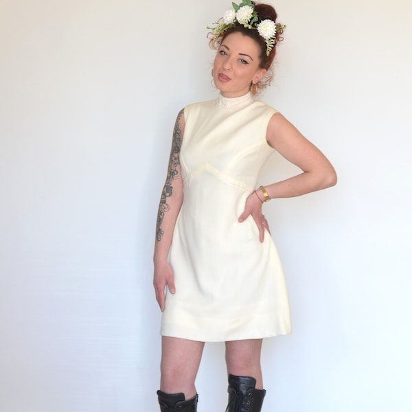 60s mini wedding dress / mod dress bride / high collar bridal robe