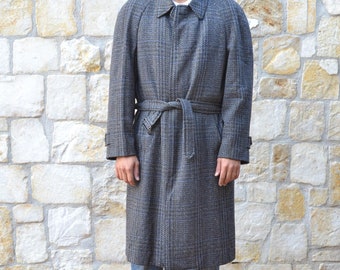 Męski zimowy płaszcz z wełny w kratkę włoski tweed, długi wełniany płaszcz męski