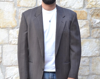 Trussardi 90s Brown Wool Blazer – Vintage Striped Classic Men’s Jacket Size Large