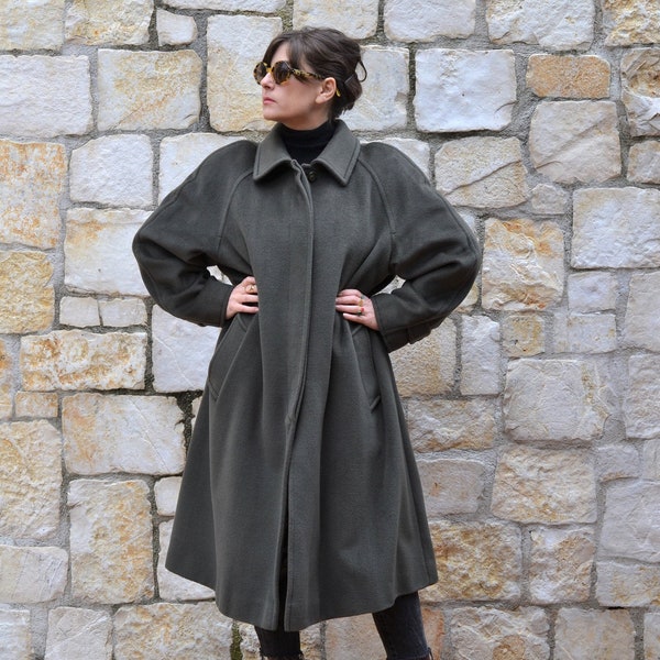 Marina Rinaldi Max Mara Plus size coat Green Olive Wool Coat Women, Raglan Circle Womens Winter Coat, Vintage Clothing