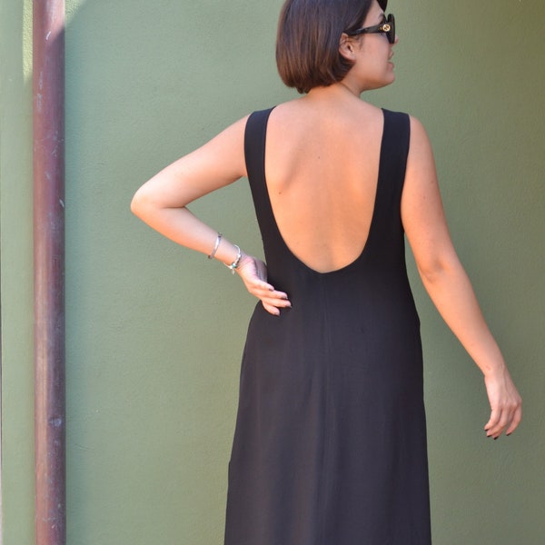 Black backless midi dress / black wrap dress / ceremony open back dress