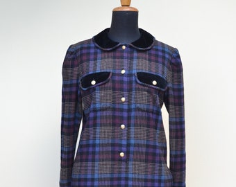 Christmas wool dress / vintage tartan plaid dress / velvet dress