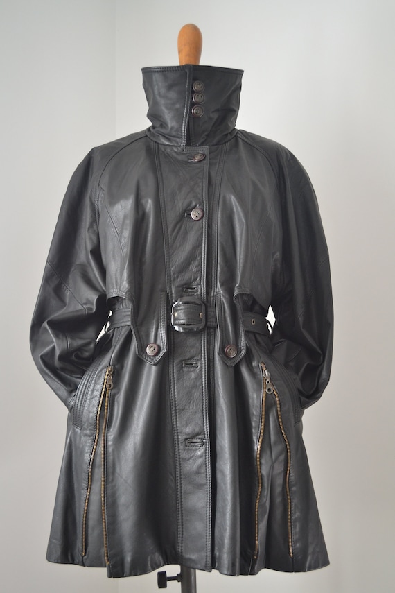Black 1980's leather parka / Oversize women leathe