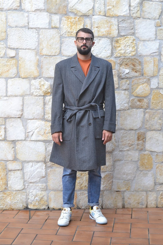 Missoni 90s Grey Herringbone Wool Coat Men, Tweed 